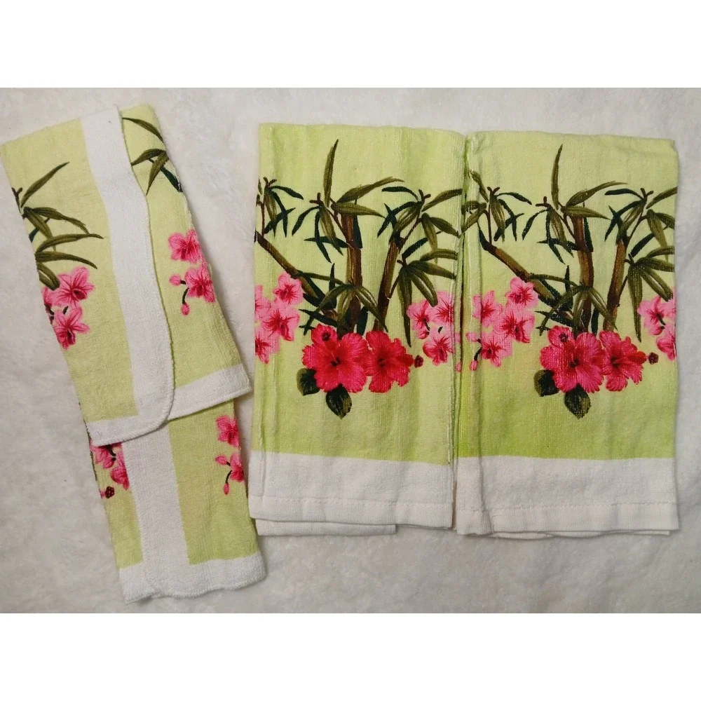 Retro Style 4-Piece Kitchen Cotton Set Pink Hibiscus Floral & Bamboo Print Rare